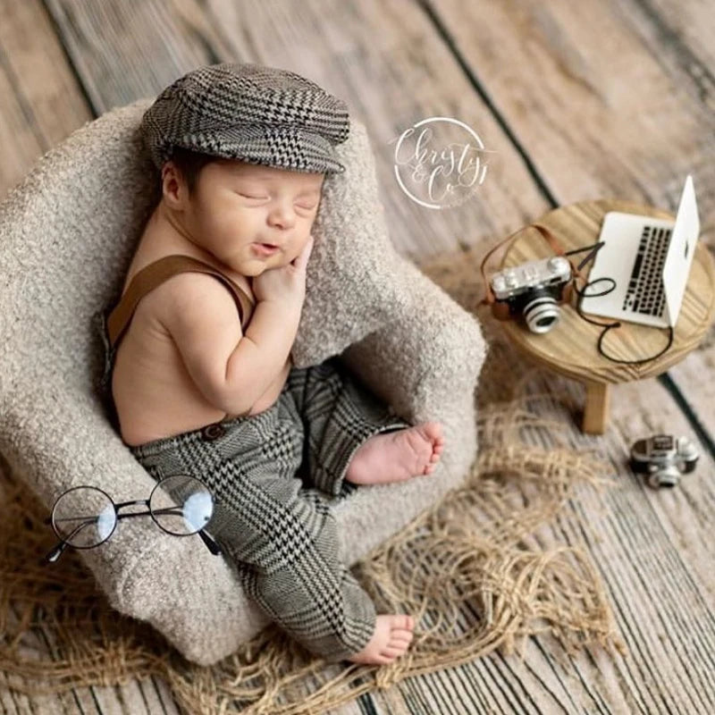 Newborn Boy Romper Hat Suits Set with Suspenders Baby