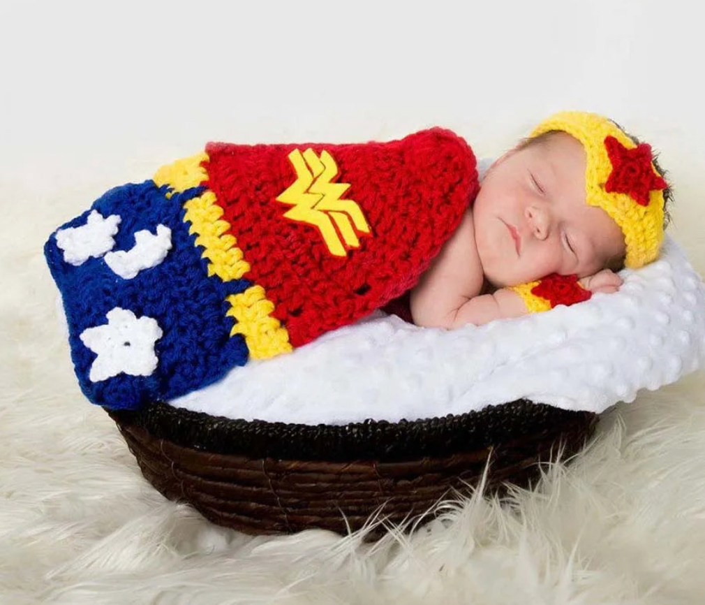 Crochet WonderWoman Newborn Photo Props Superhero Inspired Baby Costume Infant Knitted Photography Prop Halloween Outfit