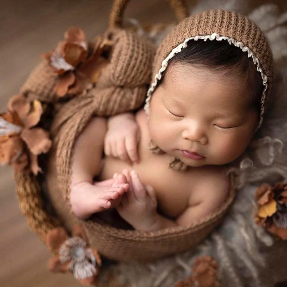Newborn Photography Props Wrap Hat Set Knitted High Strechable Fabric Photoshoot Accessories Bebe Shooting Cute Bonnet  Blanket