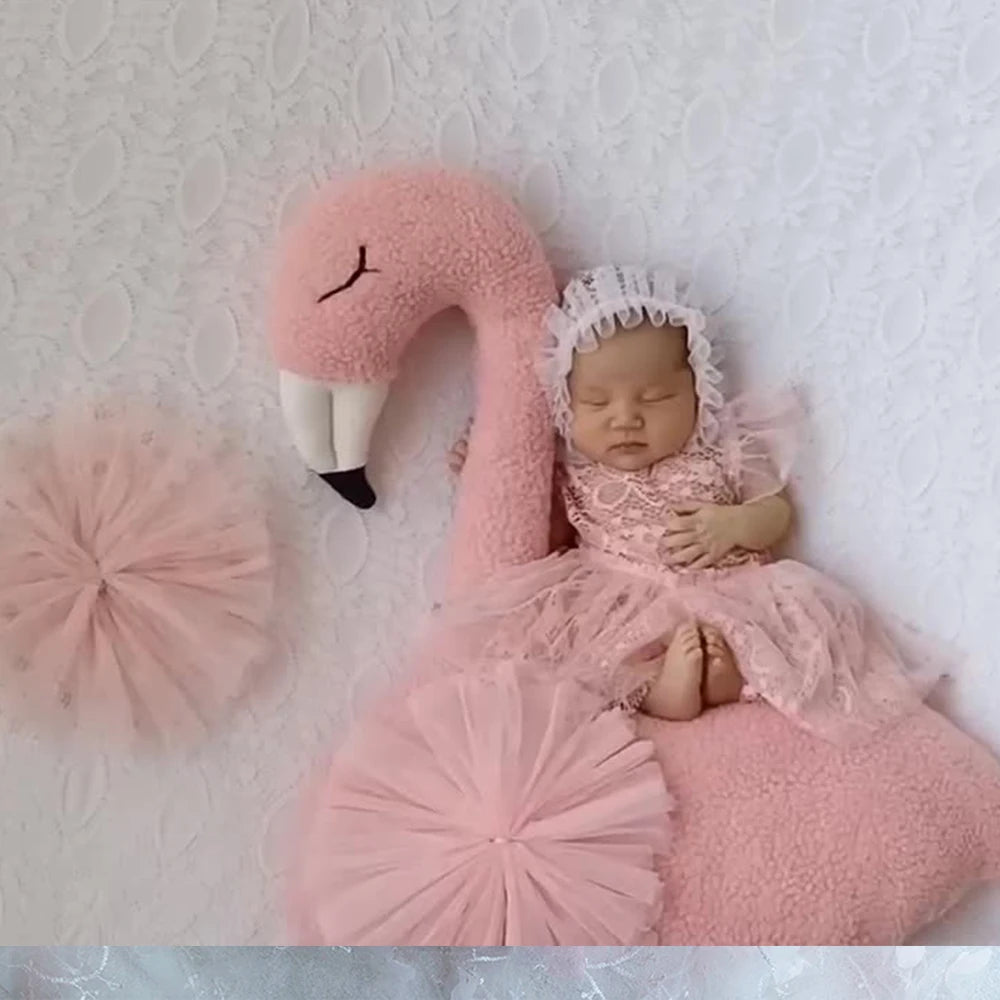Newborn Baby Floral Backdrop Cute Pink Flamingo Posing Doll