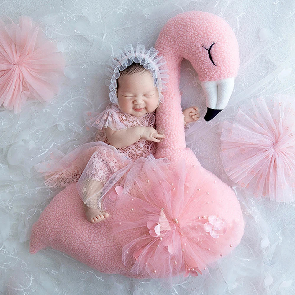 Newborn Baby Photography Props Floral Backdrop Cute Pink Flamingo Posing Doll Outfits Set Accessories Studio Shooting Photo Prop