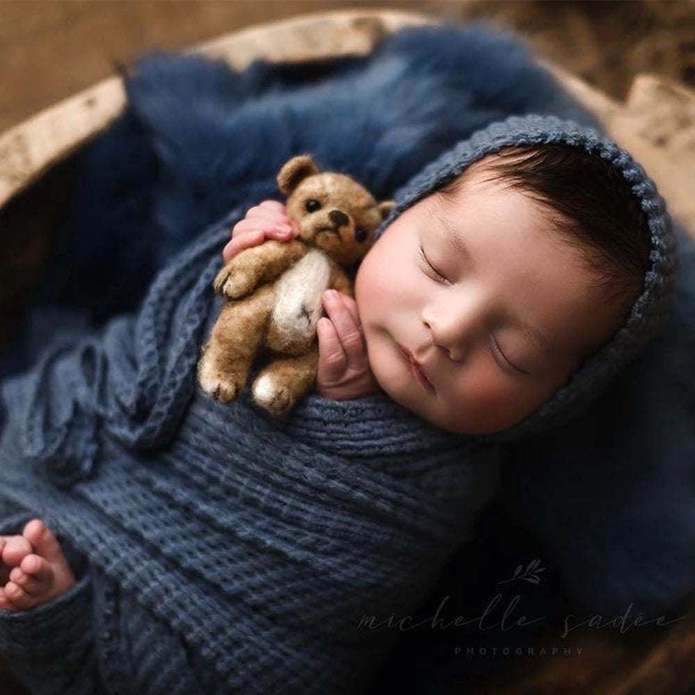 Newborn Photography Props Wrap Hat Set Knitted High Strechable Fabric Photoshoot Accessories Bebe Shooting Cute Bonnet  Blanket