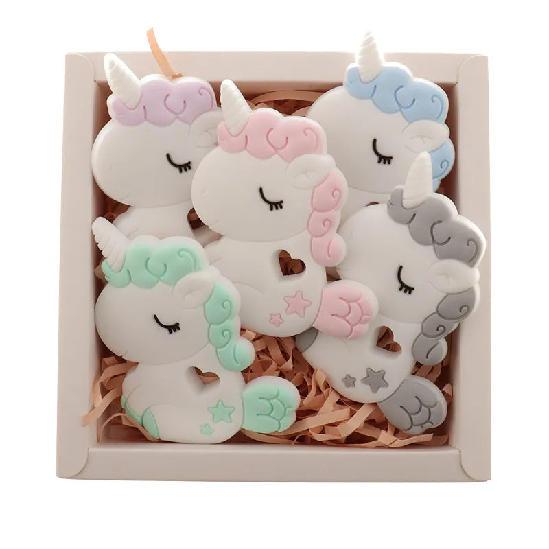 QHBC 10pcs Silicone Unicorn Baby Teether Rodent BPA Free Newborn Teething Necklace Pendant Infant Chews Nurse Gift Toys Horse