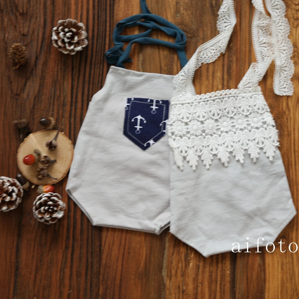 Newborn Twins Photography Clothing Cotton Baby Romper Short Sleeve Set Infant Boy Girl Photo Props Jumpsuit Shooting Accessories