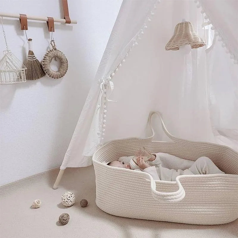 Cotton Rope Woven Baby Hand Moses Basket Folding Car Portable Newborn Sleeping Bed Outdoor Travel Cradle Nest Infant Bassinet
