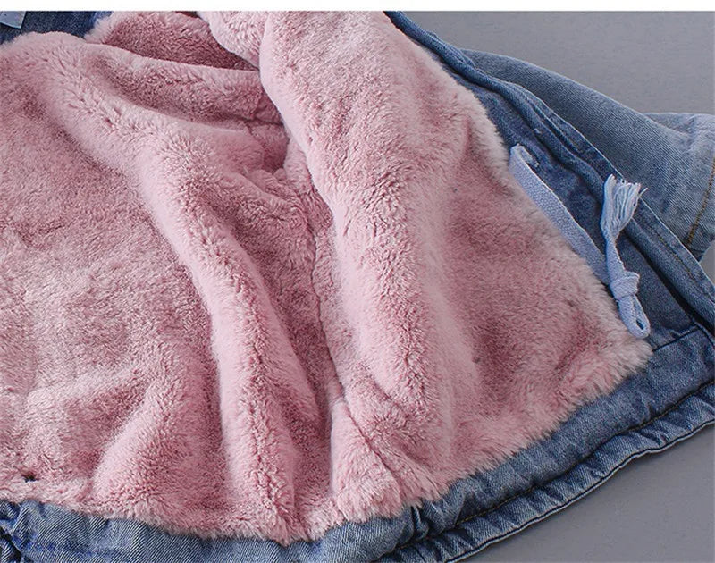 Girls' clothing 0-7 years old winter warm fashion baby jackets girls fur collar jacket plus velvet thick denim children's jacket