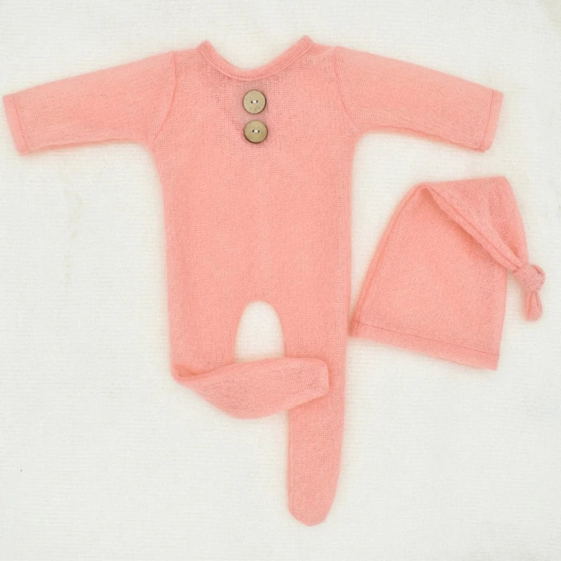 Mohair Baby Romper Hat Set Newborn Photography Props Knitted Wool Bodysuit Long Tail Cap Kit Infants Photo Shooting Clothes