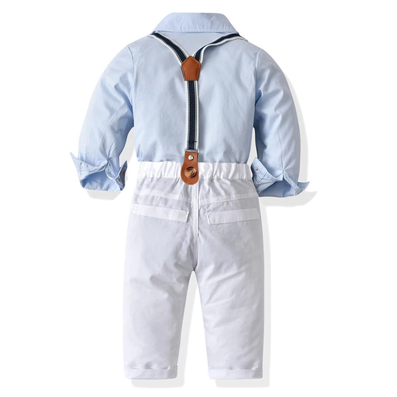 New Baby Suits Baby Boy Clothes Romper+ Suspenders Pants 2Pcs Formal Clothing Outfit Wedding Party Bow Tie Kids Birthday Dress