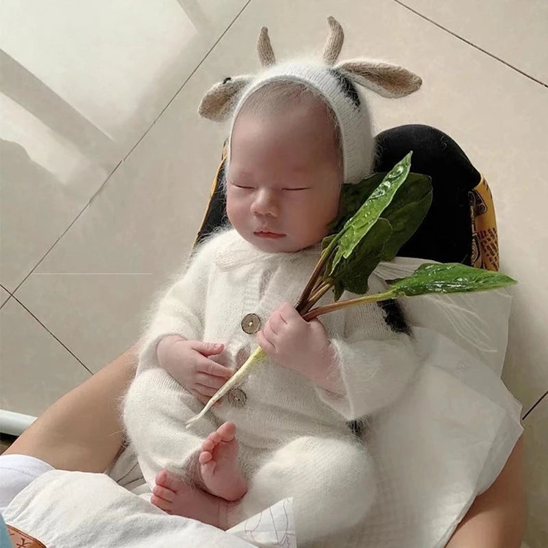 Newborn Photography Calf Clothing Ox Horn Hat+Jumpsuit