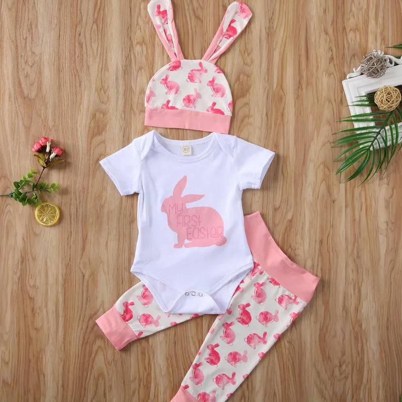 Summer 3PCS Newborn Baby Girl Lovely Bunny Tops Pants Hat