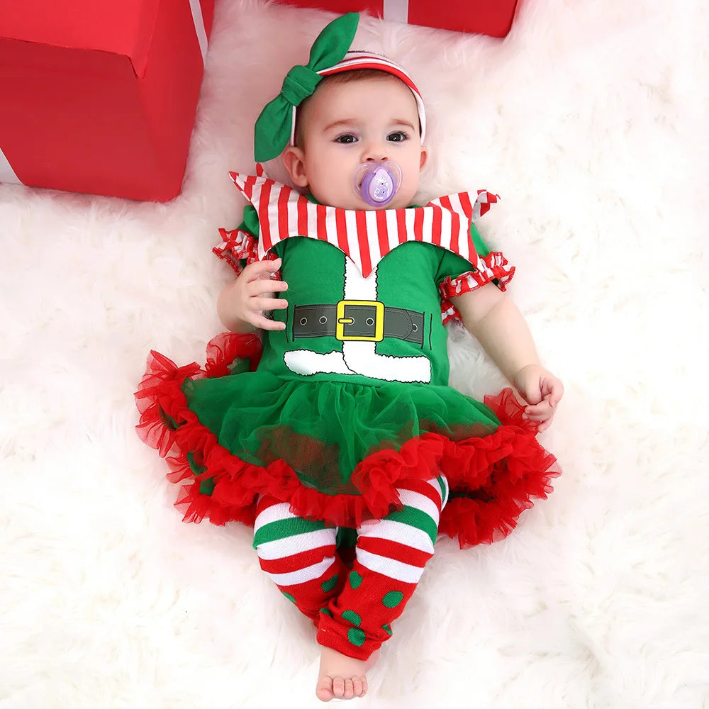 Christmas Baby Girl Santa Claus Sets Toddler Baby Short Sleeve Romper Tutu Lace Dress Headband Outfits Infant Girls Fashion Sets