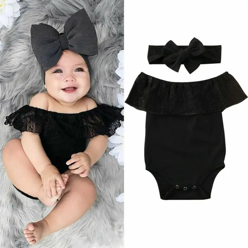 Sweet 2pcs Newborn Baby Black Bodysuit Off Shoulder Lace Playsuit+Headband