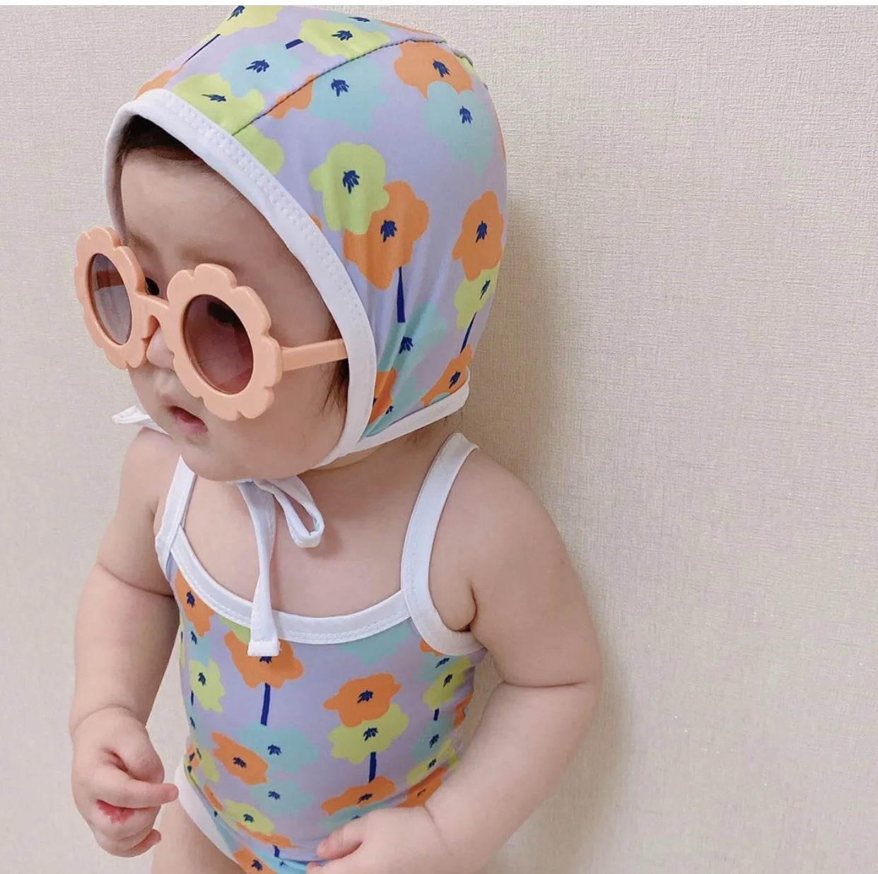 Newborn Infant Baby Boy And Girl Sleeveless Sling Swimsuit Toddler Kid Cotton Flower Pattern Printed With Swimming Cap