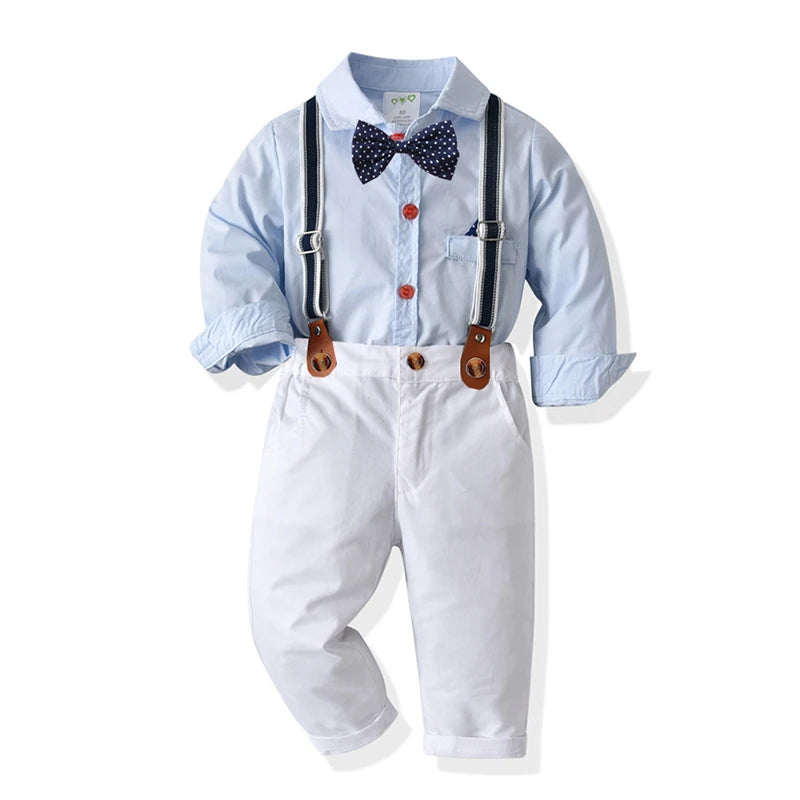 New Baby Suits Baby Boy Clothes Romper+ Suspenders Pants 2Pcs Formal Clothing Outfit Wedding Party Bow Tie Kids Birthday Dress