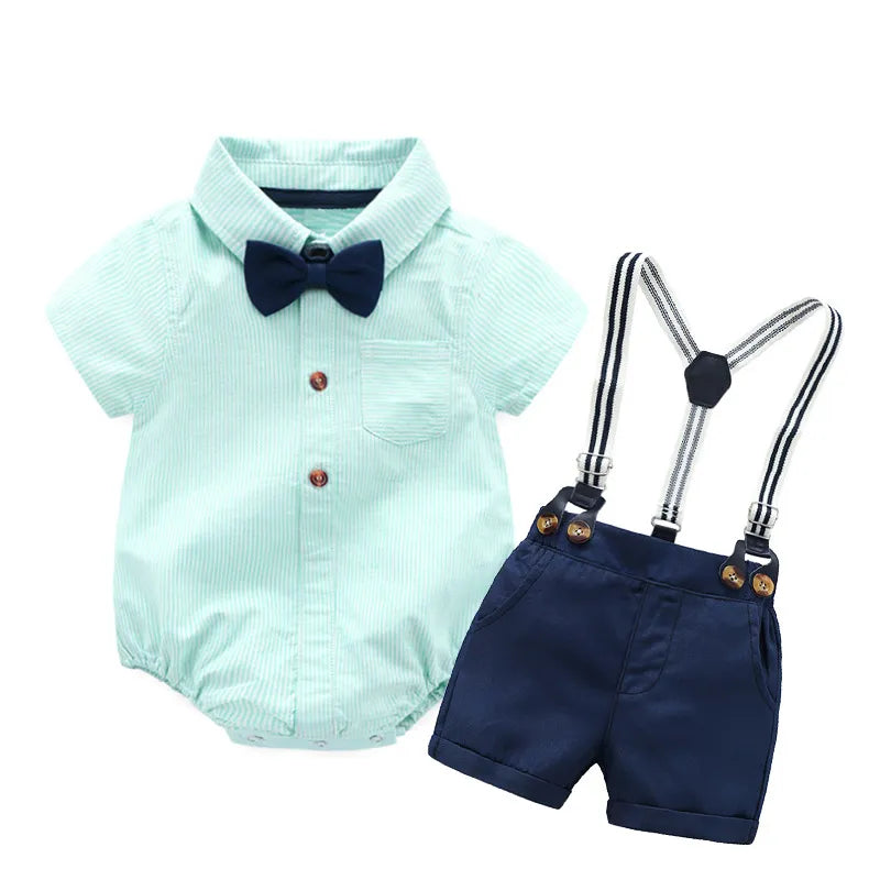 Boy Formal Dress Cotton Striped Romper + Bow + Navy Shorts + Suspenders Sets Boy Dress Clothes for Wedding Clothes 0 3 Months