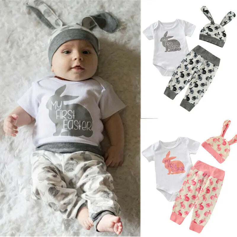 Summer 3PCS Newborn Baby Girl Lovely Bunny Tops Pants Hat