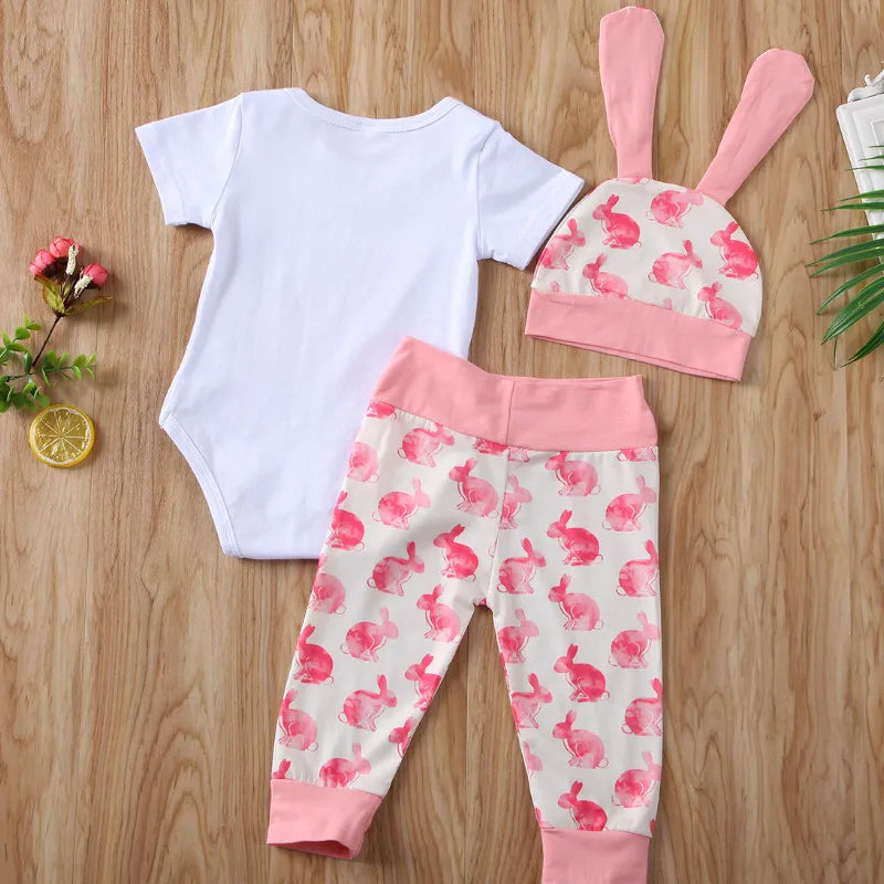 Summer 3PCS Newborn Baby Girl Lovely Bunny Tops Pants Hat