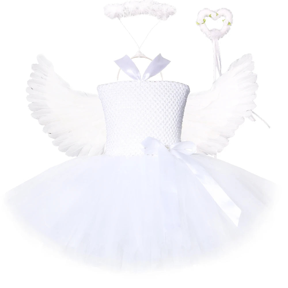 White Angel Tutu Costume for Fairy Cosplay Dress with Wings 1-14Y