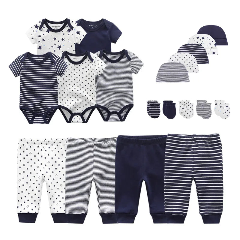 Baby Bodysuits+Pants+Hats+Bibs Cotton Sets