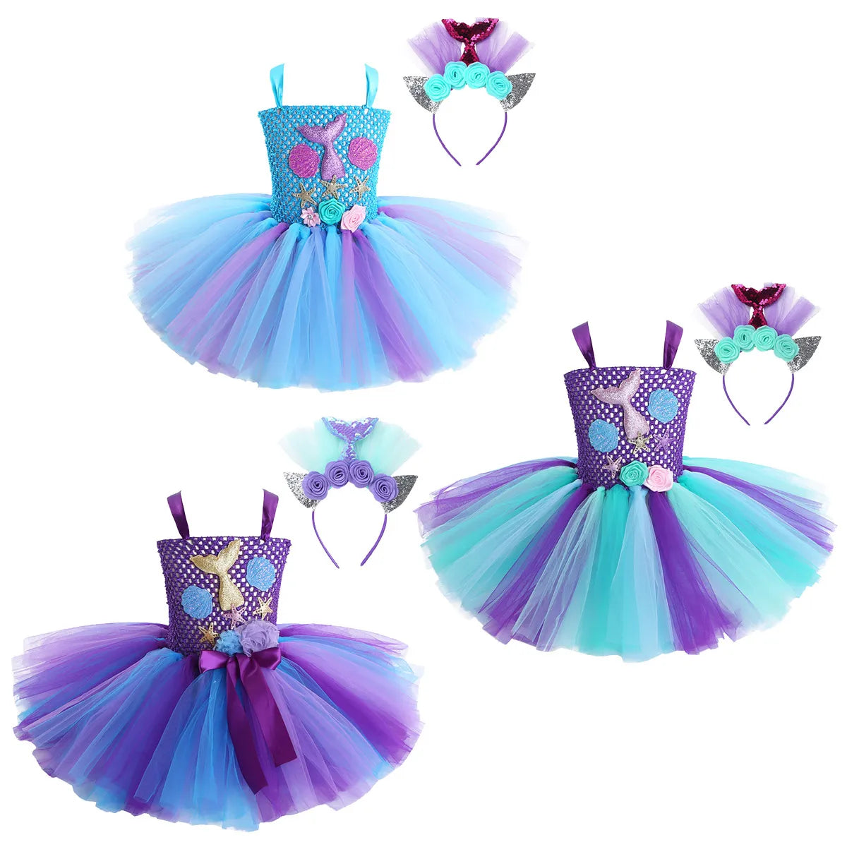 Princess Dress Up Mermaid Tulle Tutu Dresses With Headband