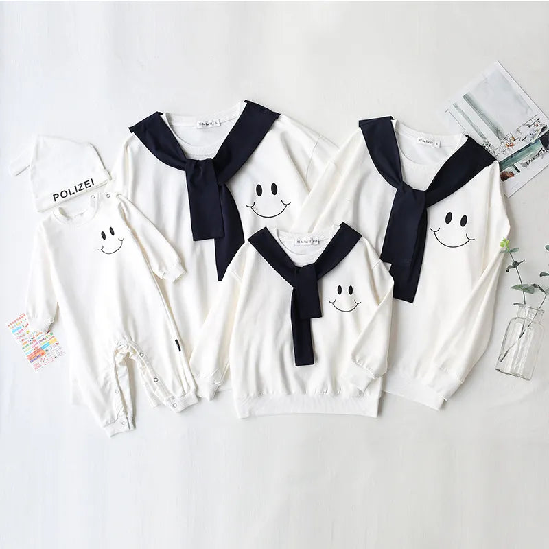 Spring Family Matching Outfits Mother Kids Father Son Navy Style Sweatershirt Mommy and Me Smile Long Sleeve Tops Family Look