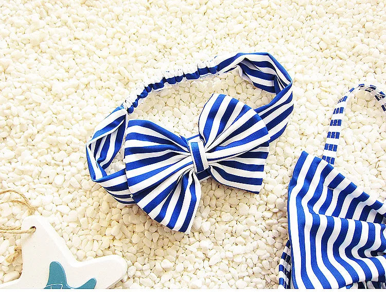 Baby Girl Blue Stripes Bow One Piece Swimwear