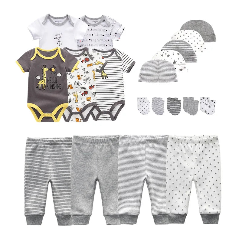 Baby Bodysuits+Pants+Hats+Bibs Cotton Sets