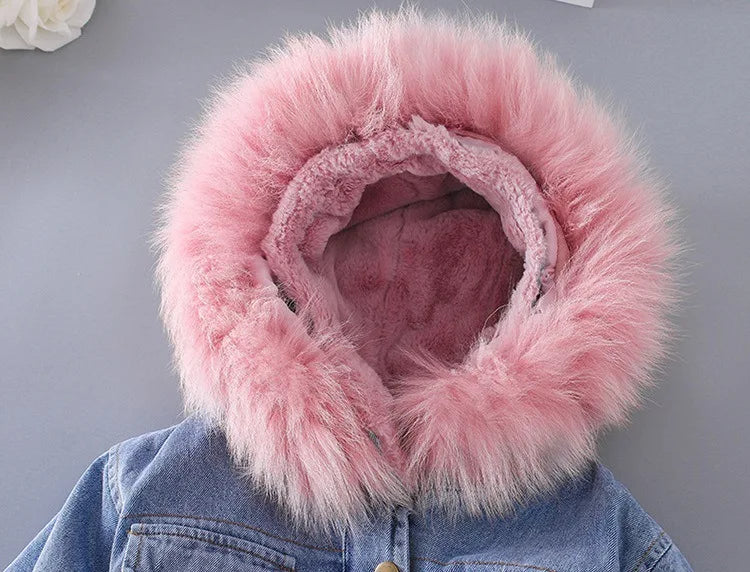 Girls' clothing 0-7 years old winter warm fashion baby jackets girls fur collar jacket plus velvet thick denim children's jacket