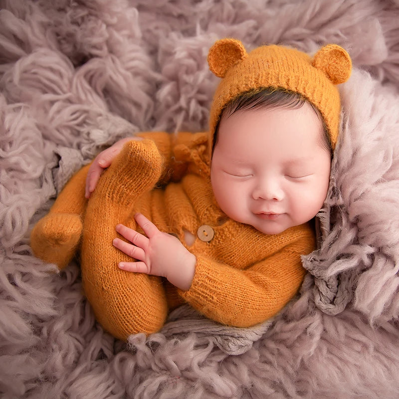 Newborn Photography Props Set Overalls Sleepy Hat Bebe Knit Sleeved Outfit Baby Photo Wrap Foot Shoot Romper Pajamas Accessories