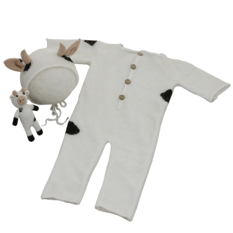 ❤️Newborn Photography Calf Clothing Ox Horn Hat+Jumpsuit+Doll 3Pcs/set Baby Photo Prop Accessories Studio Shoot Clothes Outfits