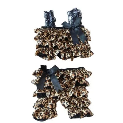 Hot Selling Toddler Fashion Summer Leopard Satin Costume Sling Ruffle Girls Baby Split Rompers Black Bow Children Clothing Suit
