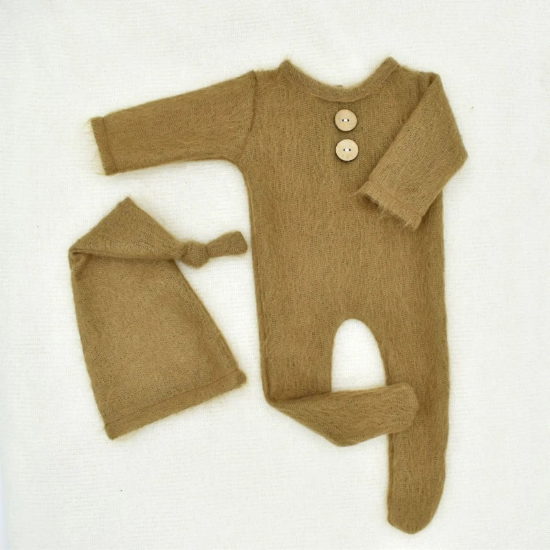 Mohair Baby Romper Hat Set Newborn Photography Props Knitted Wool Bodysuit Long Tail Cap Kit Infants Photo Shooting Clothes