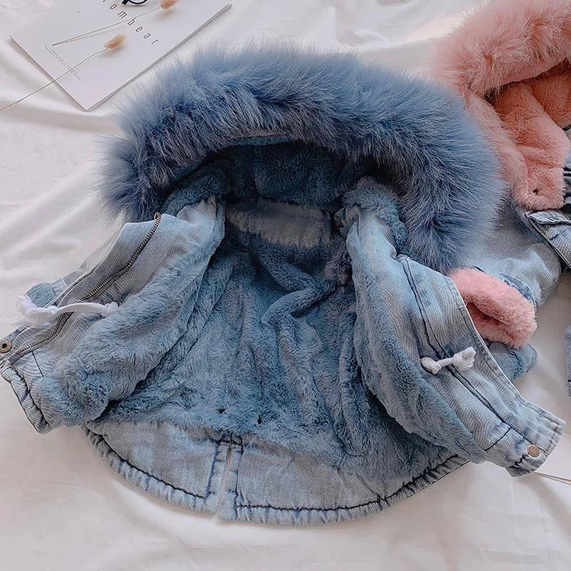 Girls' clothing 0-7 years old winter warm fashion baby jackets girls fur collar jacket plus velvet thick denim children's jacket