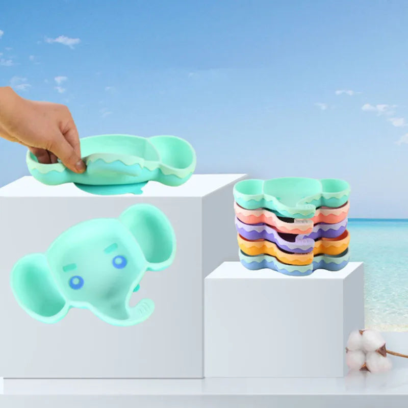 Children's silicone tableware, baby silicone suction cups, cartoon elephant, fox compartment food tray