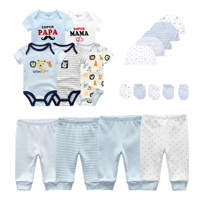 Baby Bodysuits+Pants+Hats+Bibs Cotton Sets
