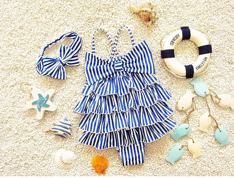 Baby Girl Blue Stripes Bow One Piece Swimwear