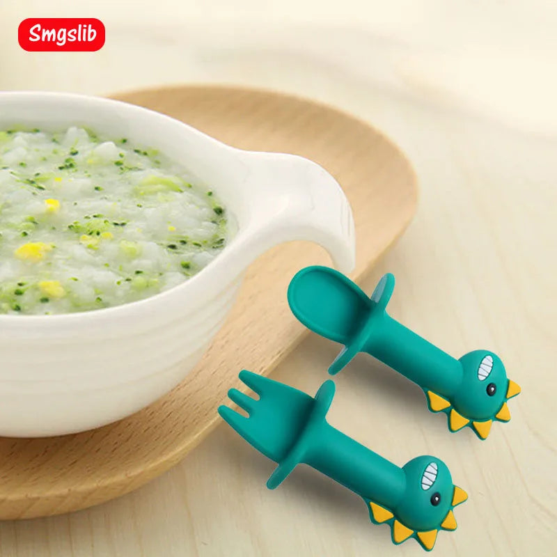 Baby Dinosaur Silicone Tableware Learning Spoon Fork Set Kids Anti-slip Feeding Training Utensils  Food Grade Silicone Dishes