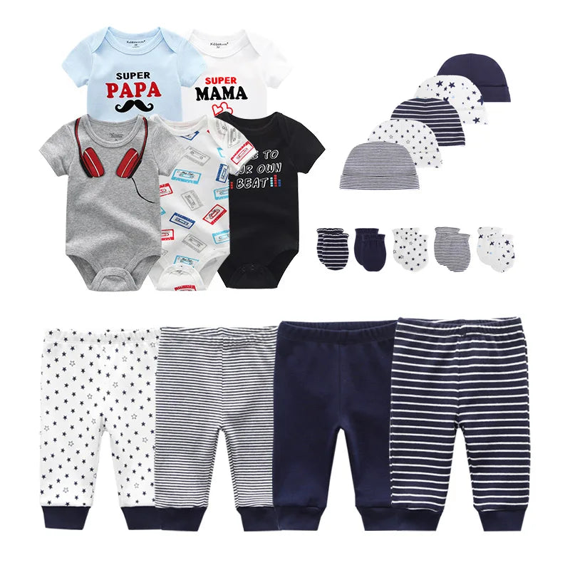 Baby Bodysuits+Pants+Hats+Bibs Cotton Sets