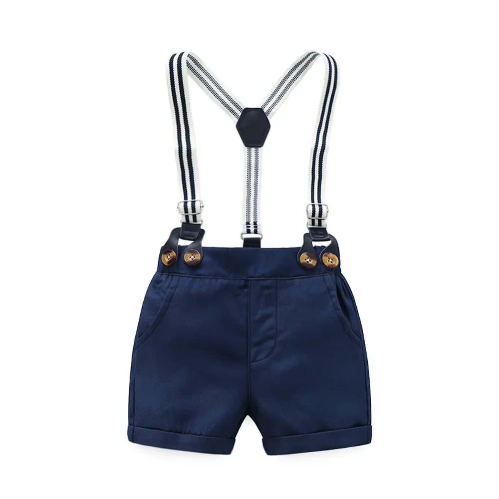 Boy Formal Dress Cotton Striped Romper + Bow + Navy Shorts + Suspenders Sets Boy Dress Clothes for Wedding Clothes 0 3 Months