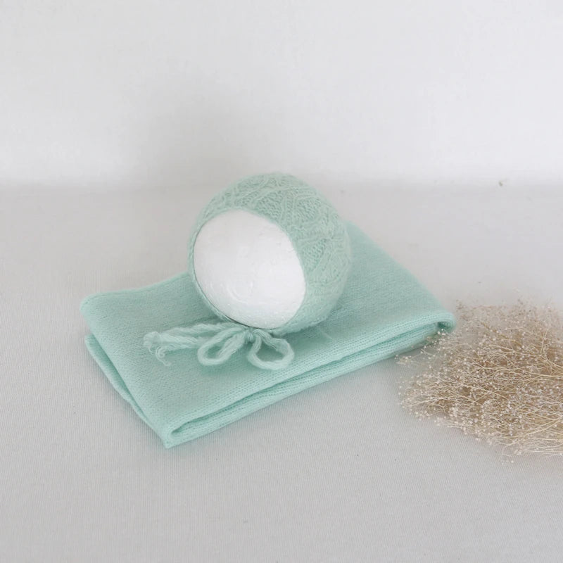 Lovely Set Of New Born Knit Mohair Wrap And Bonnet Sets