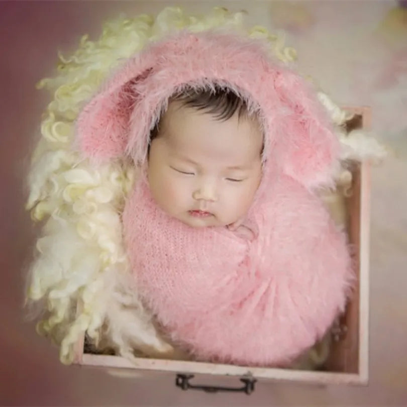 Newborn Stretch Knitted Fuzzy Wrap And Rabbit Hat Set
