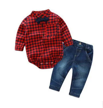Fashion Baby Boy Clothes Set 2Pc/set T-shirt Baby Romper+ Jean Pants