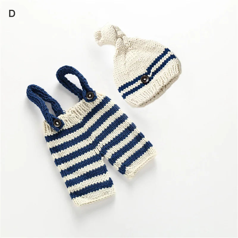 Baby Photo Costume Clothes Newborn Girls Boys Photography Prop Crochet Knit Overall Bib Pants + Hat 2pcs Sets Striped Outfits