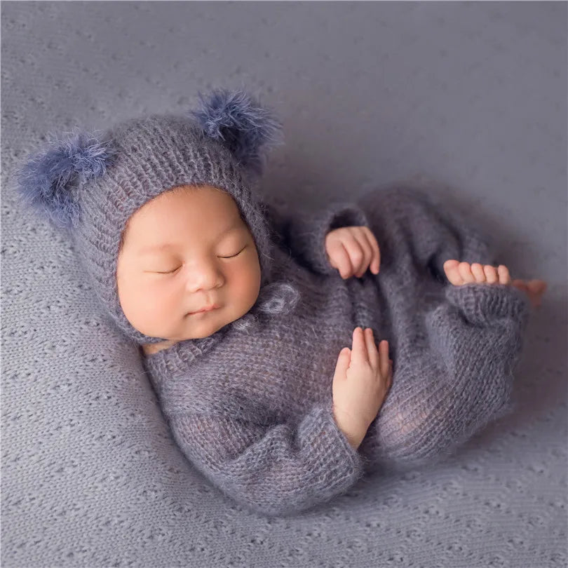 Hand Knitted Wolf Pup Footed Outfit Set Baby Boy Animal Romper