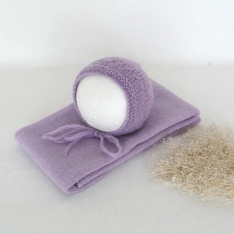 Lovely Set Of New Born Knit Mohair Wrap And Bonnet Sets