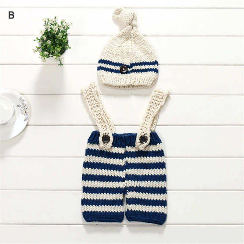 Baby Photo Costume Clothes Newborn Girls Boys Photography Prop Crochet Knit Overall Bib Pants + Hat 2pcs Sets Striped Outfits