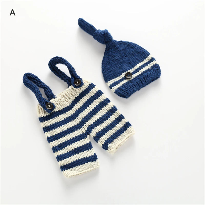 Baby Crochet Knit Overall Bib Pants + Hat 2pcs Sets