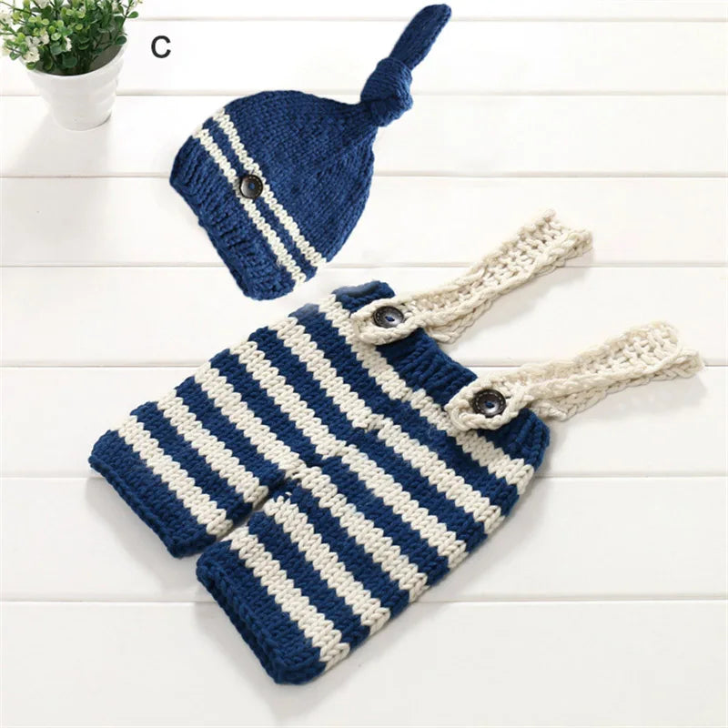 Baby Crochet Knit Overall Bib Pants + Hat 2pcs Sets