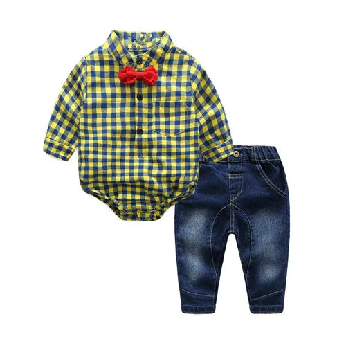Fashion Baby Boy Clothes Set 2Pc/set T-shirt Baby Romper+ Jean Pants