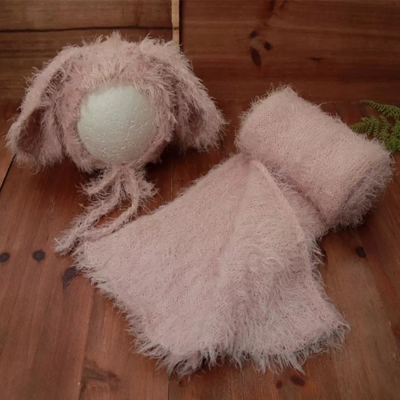 Newborn Stretch Knitted Fuzzy Wrap And Rabbit Hat Set